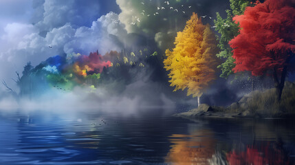 Landscape with trees and pond of water clouds water, vivid colorful water color