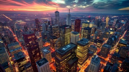 Fototapeta premium An aerial view of a cityscape at twilight, with tall buildings illuminated by a myriad of lights, painting a breathtaking picture of urban grandeur and sophistication.