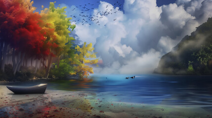 Landscape with trees and pond of water clouds water, vivid colorful water color