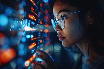 A virtual programmer working on coding and cybersecurity research while a woman uses a tablet to analyze digital data.