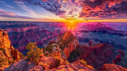 Fototapeta premium mesmerizing sunset over the Grand Canyon, illuminating the vast expanse of colorful rock formations with warm hues of orange, pink, and purple 