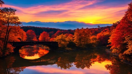 Fantastic Autumn Landscape. Amazing sunset With colorful sky in Azalea Rakotz Bridge, - obrazy, fototapety, plakaty