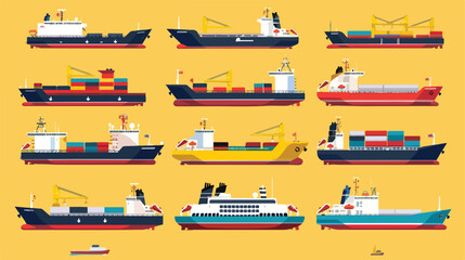 Set of cargo and passenger ships. Vector flat style illustration