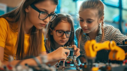 Three young girls focused on assembling a robotic kit in a STEM education setting. - Powered by Adobe