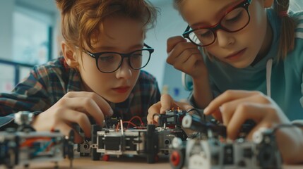 Two focused young girls in glasses engaged in assembling complex robotics projects on a desk.