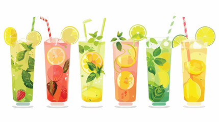 Set of different tasty lemonades on white background