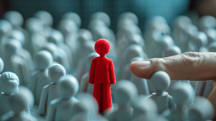 Selecting a leader amid white icons, the red icon stands out. HR points to the standout shirted figure, symbolizing exceptional leadership qualities, guiding the team forward effectively.