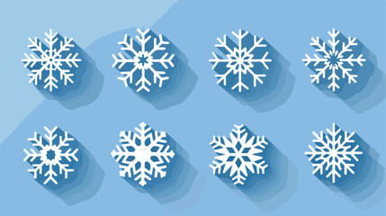 Set of flat simple winter snowflakes with long shadow