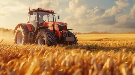 Obraz premium tractor driving through a field of freshly harvested wheat, symbolizing the efficiency and productivity of modern farming practices. 