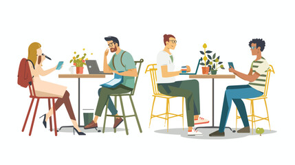Set of Four different people sitting at street cafe Vector
