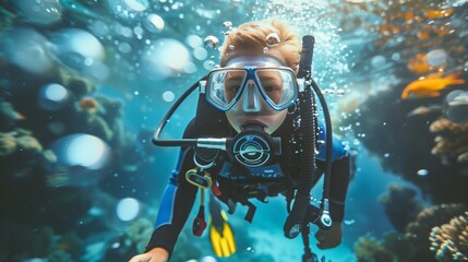 Young scuba diver exploring underwater with coral reef and marine life visible in the background.