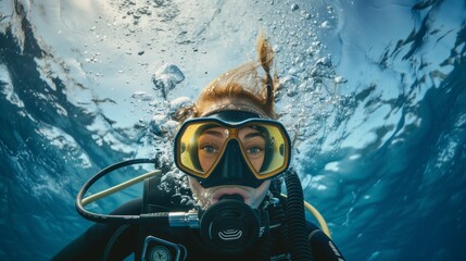 Close-up of a female scuba diver submerged in water, looking at the camera with a calm expression.