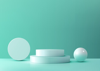 3D realistic white color podium decoration with circle and ball on the floor and light blue background