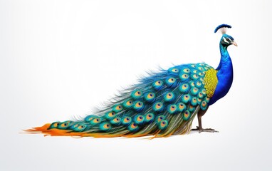 Obraz premium A blue and green peacock with a long tail stands sideways, facing left.