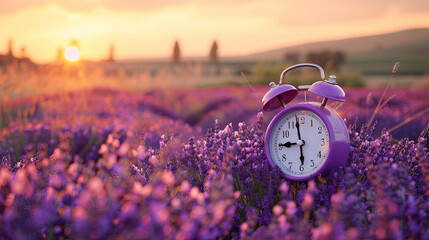 The ringing of the alarm clock serves as a poignant reminder of the fleeting nature of summer amidst the serene beauty of the lavender field - obrazy, fototapety, plakaty