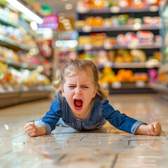 Little girl laying on the floor in store with her mouth open.