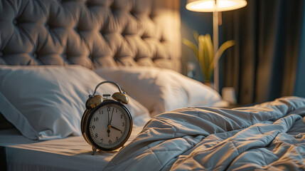 Alarm clock reminds you of the time, alarm clock by the bed in the bedroom