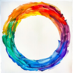 Painting of rainbow colored circle on white paper with white background.