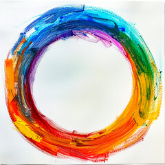 Painting of colorful circle on white background with white circle in the middle.