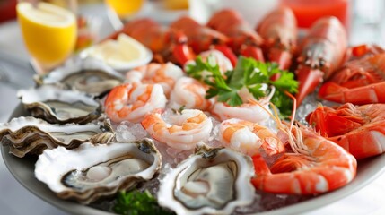 An elegant seafood platter featuring oysters on the half shell, shrimp cocktail, and chilled lobster tails