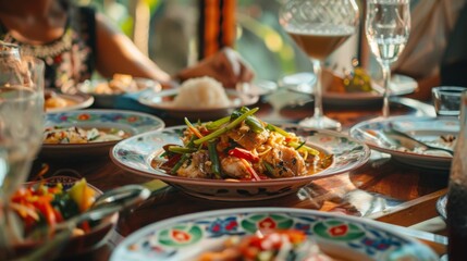 An elegant Thai dinner setting with ornate dishes of seafood curry, stir-fried vegetables, and crispy fish