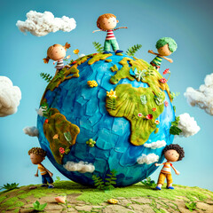 Group of children standing on top of blue and green globe with clouds in the background.