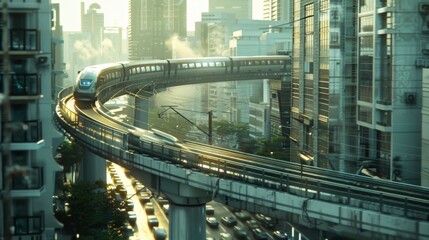 Fototapeta premium An elevated railway track winding through a bustling city, with a sleek train gliding above traffic, showcasing the role of mass transit in urban mobility.