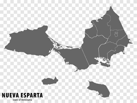 Blank map Nueva Esparta State of Venezuela. High quality map Nueva Esparta State with municipalities on transparent background for your design. Bolivarian Republic of Venezuela.  EPS10.