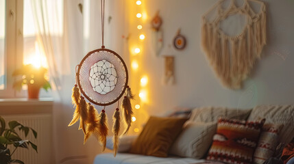 Dream catcher above the bed in the bedroom as decoration and harmony - obrazy, fototapety, plakaty