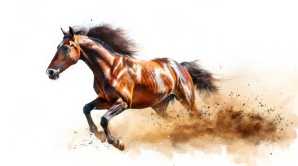 watercolor brown horse galloping in dust, white background