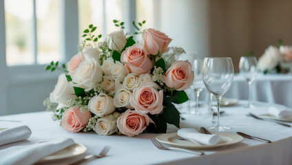 White bouquet with Pink roses on a wedding table decorated with white tablecloth