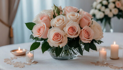 White bouquet with Pink roses on a wedding table decorated with white tablecloth