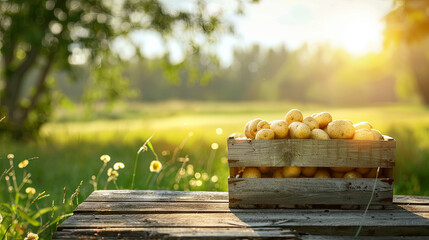 Harvested potatoes neatly arranged in a wooden box set against the backdrop of a lush vegetable garden