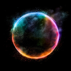 Circular object with colored smoke coming out of the center and black background.