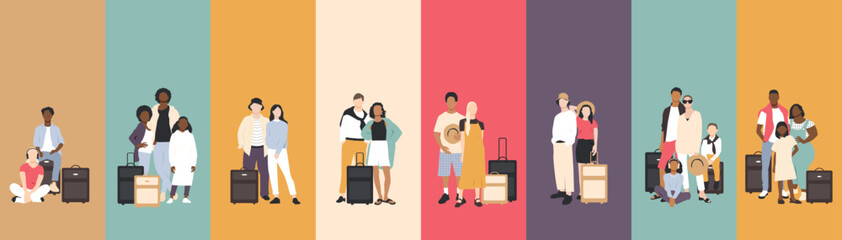 Set of different families standing with suitcases. Vacation concept.