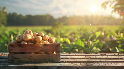 A wooden crate brimming with meticulously arranged harvested potatoes, perfectly complemented by the lush and vibrant surroundings of a flourishing vegetable garden