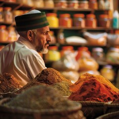 A Moroccan spice vendor in front of a colorful, blurred array of spices at a busy market