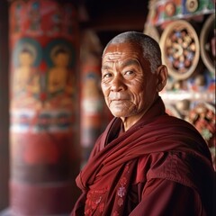 A Nepalese monk in a monastery, the ornate prayer wheels and murals blurred behind his peaceful demeanor