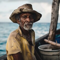 A Caribbean fisherman on his boat with the sea and horizon softly blurred in the background, showcasing his rugged optimism