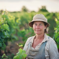 A French vineyard owner with rows of grapevines blurred behind her, reflecting her pride and passion for winemaking