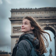 A young European backpacker in front of a blurred historic monument, excitement and wonder in her eyes