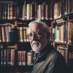 A senior Caucasian man in a library, shelves of books fading into soft focus behind his knowledgeable gaze