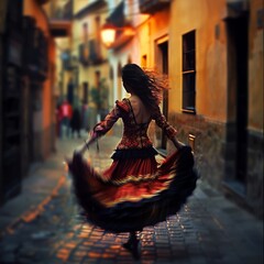 A Spanish flamenco dancer in a traditional dress, the historic cobblestone street blurred behind her