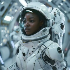 A Black female astronaut with a spacecraft interior blurred behind her, capturing her proud expression in her suit
