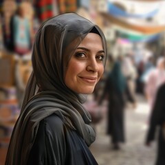 A Middle Eastern woman in a hijab with a bustling market scene blurred behind her, displaying a gentle smile