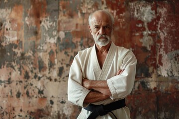 Mature Karate Master with Black Belt: Athlete Posing in Aikido Art on Caucasian Background