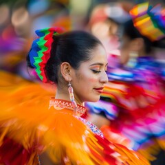 A Hispanic dancer in traditional attire, the vibrant colors of the festival crowd blurred behind her