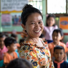 A Southeast Asian teacher in a classroom, the eager faces of young students blurred behind her caring smile