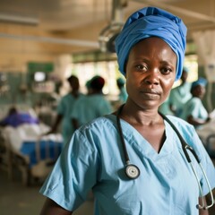 An East African nurse in a hospital, with medical equipment and patients blurred in the background, showcasing her compassion