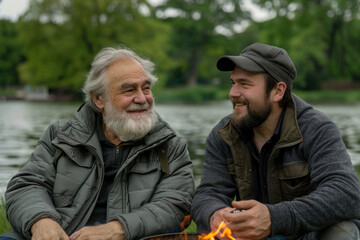 An elderly father and adult son sit next to a fire, cooking sausages together in an outdoor setting